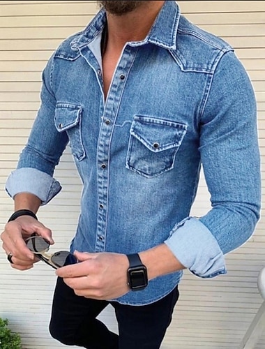  Herren Hemd Freizeithemd Jeanshemd Knopfhemd Denim Blue Blau Hellgrau Dunkelgray Langarm Einfach Umlegekragen Urlaub Täglich Fronttasche Bekleidung Baumwolle Polyester Mode Lässig Bequem