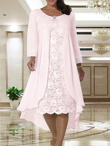  Dos Piezas Corte A Vestido de Madrina Invitado a la boda Elegante Talla Grande Joya Vestido Midi Gasa Encaje Manga Corta Vestidos de chaqueta con Un Color 2024