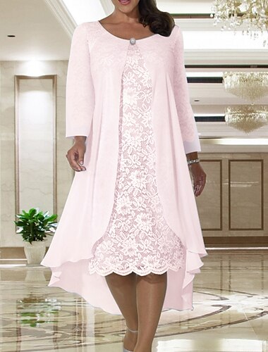  Strand Bruiloft Twee Stuk A-Lijn Moeder van de Bruid Jurk Bruid Gast Elegante Plus Size Edelsier Hals Thee Lengte Chiffon Kant Korte Mouw Jacket Jurken met Effen Kleur 2025 gratis maatwerk