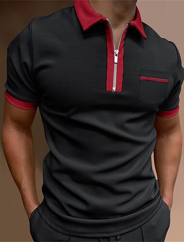  Men's Polo Shirt Golf Shirt Casual Holiday Lapel Quarter Zip Short Sleeve Fashion Basic Plain Quarter Zip Summer Regular Fit Black White Red Dark Navy Green Dark Gray Polo Shirt
