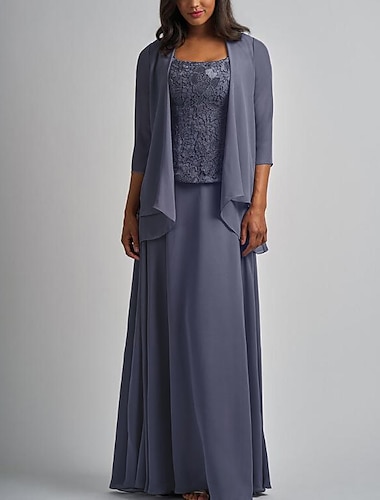  Todelt A-linje Kjole til brudens mor Elegant Indpakning inkluderet Firkantet hals Gulvlang Chiffon Blondelukning 3/4-ærmer med Applikeret broderi 2024