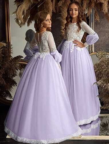  Prinsessgolvlång Blomsterflicka Klänning Första Kommunion Söt Prom klänning med Applikationer Fitting 3-16 År klänning för att imponera 2025