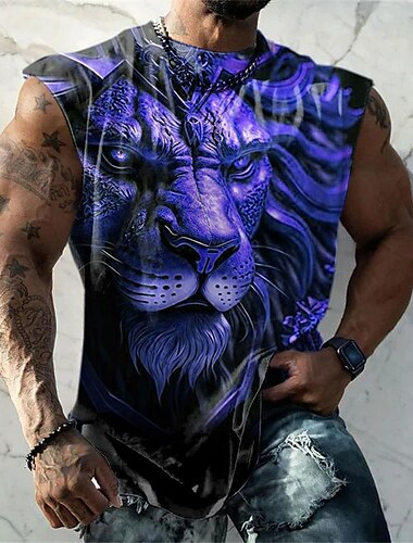  Herren Graphic Tier Shirt Ärmelloses T-Shirt für Männer Ärmellos T-Shirt 3D-Druck Rundhalsausschnitt Hemd Modisch Designer Muskel Täglich Sport Fitnessstudio Blau Purpur Braun Frühling Sommer