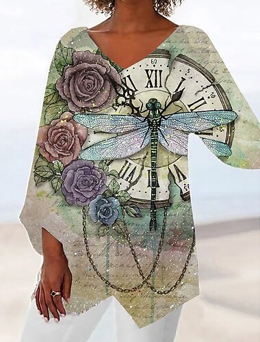  Blouse Femme Vacances Mode Urbaine Imprimé Manches Longues Hauts Longs Col V Décontractée Vacances Argent Printemps Automne