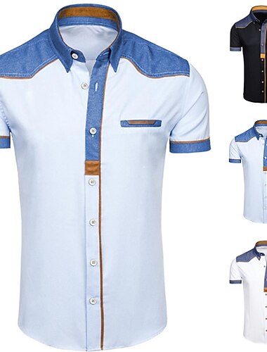 Voor heren Overhemd Zomer overhemd Overhemd met knopen Zwart Wit Licht Blauw Korte mouw Kleurenblok Strijkijzer Buiten Straat Lapwerk Kleding Katoen Modieus Casual Ademend Comfortabel