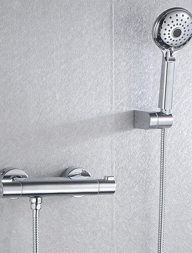  Thermostatic Shower Mixer Bar Valve Wall Mounted with Handheld Shower Head Chrome, Shower Mixer Tap with 38℃ Slider Kit Anti Scald Safety Button, Round Mixer Tap Bar Wall Mount