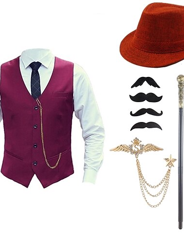  miesten 1920-luvun gangsteriasu liivi tarvikkeineen setti 5 kpl retro vintage möly 20-luvun teemajuhlat cosplay-asu panamahattu parta rintakoru keppi
