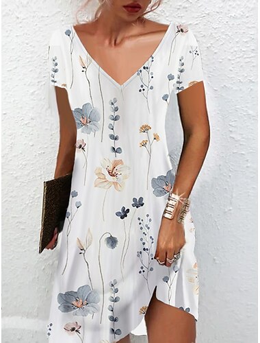  Damen Mini-Kleid Petite Kleid Petite Kleid T-Shirt Kleid Tee-Kleid Sommerkleid Aktive Mode Streetwear Outdoor Urlaub Geburtstag Reguläre Passform Floral Kurzarm V-Ausschnitt Schwarz