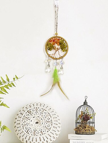  Leben des Baumes grüner Traumfänger handgefertigtes Wandbehang Geschenk Federhaken Blume Windspiel Ornament Auto hängende Dekoration, 7x33cm/2.7''x13''