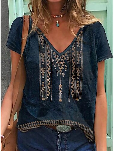  Dames T-shirt blauw Geometrisch Dagelijks Uitgaan Basic Etnisch V-hals S