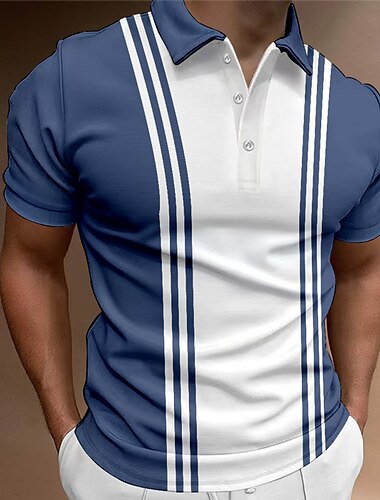  Men's Button Up Polos Polo Shirt Casual Holiday Lapel Short Sleeve Fashion Basic Color Block Button Summer Regular Fit Blue Khaki Dark Blue Gray Button Up Polos