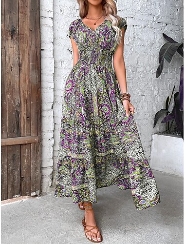  Damen Maxikleid Casual kleid Schaukelkleid Sommerkleid Boho-Kleid Böhmen Modisch Brautkleider schlicht Outdoor Urlaub Täglich Lockere Passform Blumen Paisley-Muster Stammes Kurzarm V Ausschnitt