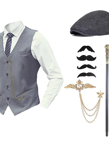  Herren 1920er Gangster Outfit Weste mit Zubehör Set 5 Stück Retro Vintage Roaring 20s Motto Party Cosplay Kostüm Panama Hut Bart Brosche Stock