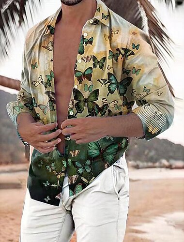  Herren Schmetterling Hemd Hawaiihemd Sommerhemd Aloha-Shirt Langarm Hemd Umlegekragen Modisch Strassenmode Designer Outdoor Strasse Casual Weiß Gelb Grün S M L