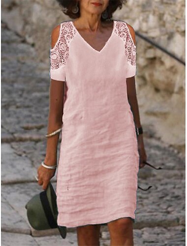  Damen Schwarz Weiß Rosa Sommer Frühling Midikleid Leinen-inspirierte Kleider Weißes Kleid Spitzenkleid Basic Lässig Outdoor Täglich Lässiger Schnitt Einfarbig V Ausschnitt
