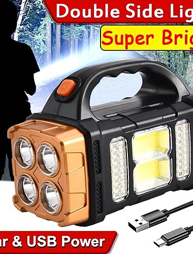  1pc solar multifuncional led + luz cob con asa, carga usb resistente al agua para acampar al aire libre emergencia de seguridad en la noche