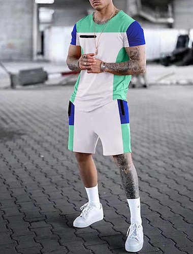  男性用 グラフィック カラーブロック 2個 ティーセット ショーツとTシャツのセット Tシャツの衣装 半袖 クルーネック デザイナー カジュアル 快適 アウトドア バケーション 日常 3Dプリント 2個 春夏 ブラック ホワイト ブルー
