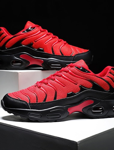  Baskets de course à coussin d'air rouges pour hommes – Chaussures de sport en maille respirante avec absorption des chocs pour la salle de sport, l'entraînement et les vêtements de sport quotidiens