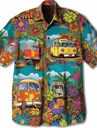  Herren Blumen Hippie Bus Hemd Hawaiihemd Sommerhemd Aloha-Shirt Kurze Ärmel Hemd Umlegekragen Modisch Strassenmode Designer Outdoor Strasse Casual Gelb Marineblau Blau S M L
