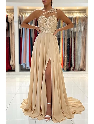  A-Line Prom Dresses Sexy Dress Formal Wedding Guest Court Train Sleeveless One Shoulder Chiffon with Slit Appliques 2024