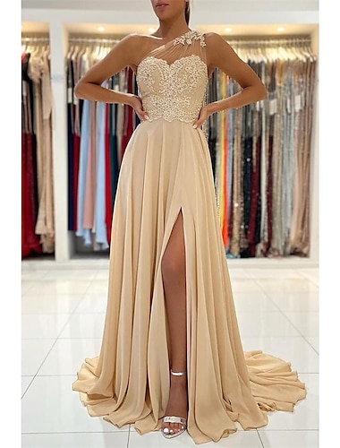  Linha A Vestidos de baile Sensual Vestido Formal Convidado do casamento Cauda Corte Sem Manga Assimétrico Chiffon com Fenda Apliques 2024