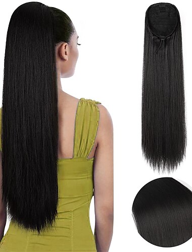  28 extensiones de cola de caballo con cordón, cola de caballo falsa recta larga, clip suave natural en la extensión del cabello, postizo sintético resistente al calor