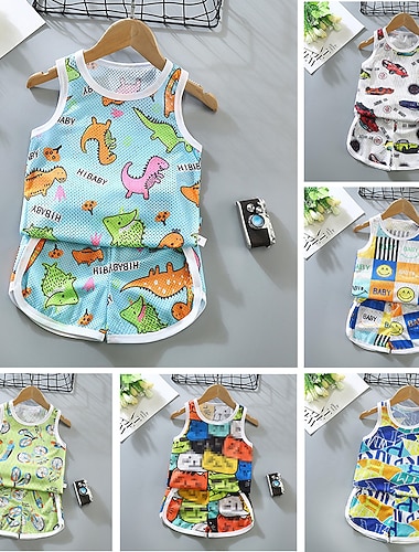  2 Pezzi Bambino (1-4 anni) Ragazzi Canotta e pantaloncini Vestito Animale Cartoni animati Senza Maniche Cotone Impostare All'aperto Moda Quotidiano Estate Primavera 3-7 Anni Dinosauro blu Piume Auto