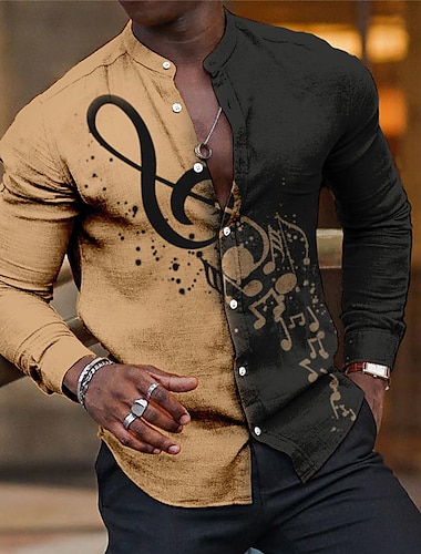  Voor heren Muziek Opmerkingen Overhemd Overhemd met knopen Lange mouw Modieus Streetwear Ontwerper Buiten Casual Dagelijks Zomer Lente Herfst Opstaand Afdrukken Blozend Roze blauw Groen Khaki Grijs