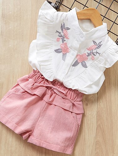  2-delig Peuter Voor meisjes Bloemig Shirt & shorts reeks Korte mouw Actief Casual Katoen 3-7 jaar Zomer Wit