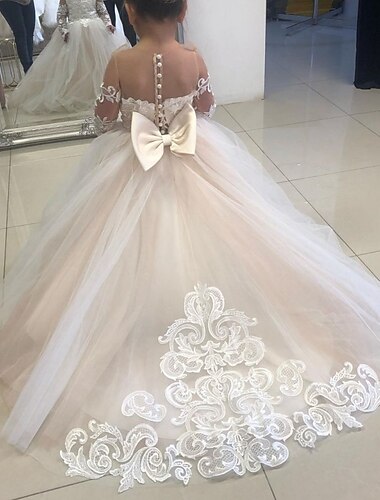  Barn Flickor Flower Girl Klänning Festklänning Ensfärgat Långärmad Prestanda Bröllop Fest Nät Prinsessa Ljuv Maska Mitt på vaden Sheath Dress Tyllklänning Sommar Vår Höst 2-12 år 4-12 år Vit Champagne