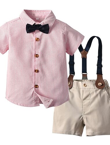  2 Stück Kinder Jungen Shirt & Shorts Outfit Einfarbig Gestreift Kurzarm Set Lässig Mode Täglich Sommer Frühling 7-13 Jahre Mehrfarbig Weiß Hellgrün
