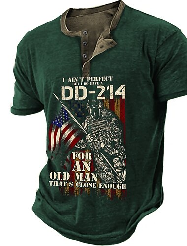  Mandens Veteran DD-214 Graphic Henley T-Shirt - 'Jeg Er Ikke Perfekt Gammel Mand' Citat Kortærmet Tee