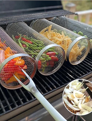  rullande grillkorg - sus304 rostfritt stål grill matlagning grill galler - utomhus rund bbq lägereld grill galler - camping picknick köksredskap