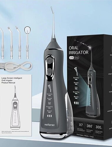  Hilo dental de agua inalámbrico para dientes: irrigador oral portátil y recargable de 300 ml con 5 modos ipx7, resistente al agua, batería potente, púas dentales de agua para viajes, uso doméstico
