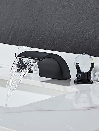  Mitigeur de lavabo de salle de bain répandu bec cascade, laiton 3 trous 2 poignée en cristal robinet de lavabo monté sur le pont, robinet d'eau de lavabo de lavabo avec tuyau chaud et froid
