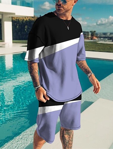  男性用 ショーツとTシャツのセット Tシャツの衣装 グラフィック カラーブロック クルーネック 衣類 3Dプリント アウトドア 日常 半袖 3Dプリント 2個 2個 デザイナー カジュアル 快適