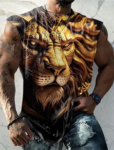  男性用 グラフィック 動物 ベストトップ 男性用ノースリーブTシャツ ノースリーブ Tシャツ 3Dプリント クルーネック シャツ ファッション デザイナー 筋 日常 スポーツ ジム用 ブルー パープル ブラウン 春夏 衣類 S M L XL 2XL 3XL