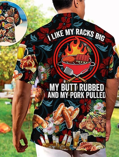  Herr Mat Bokstav Utegrill Skjorta Hawaii skjorta Aloha skjorta Kortärmad Skjorta Kubansk krage Sport Mode Streetwear Utomhus Ledigt Hawaiisk Rubinrött Grön S M L
