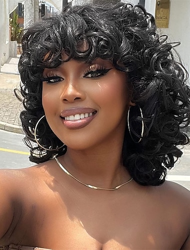  黒人女性のためのショートカーリーウィッグ14 黒人女性のためのソフトナチュラルブラック合成かつら バンサフロキンキーカール付きかわいいファッションカーリーウィッグ アフリカ系アメリカ人女性の日常使用パーティー用耐熱
