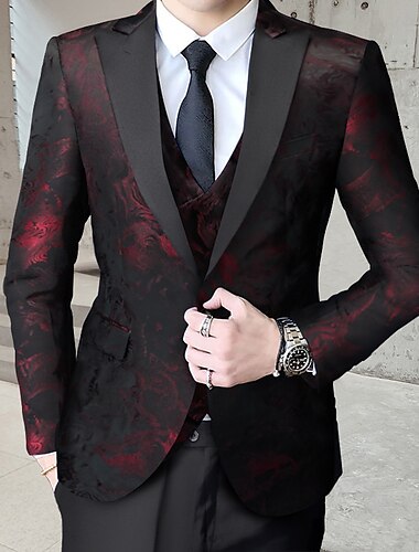  Smoking de boda para hombres Negro Rojo Impresión Ajuste Estándar 3 Piezas Con Un Botón