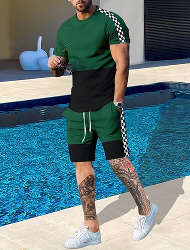  Herren Grafik Farbblock 2St T-Shirts-Sets Shorts und T-Shirt-Set T-Shirt-Outfits Kurzarm Rundhalsausschnitt Designer Lässig Bequem Outdoor Urlaub Täglich 3D-Druck 2 teilig Frühling & Sommer Weiß Rote