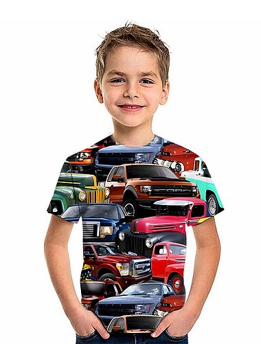  Jungen 3D Graphic Auto 3D-Druck T-Shirt Kurzarm 3D-Druck Sommer Aktiv Modisch Cool kinderkleidung 3-12 Jahre