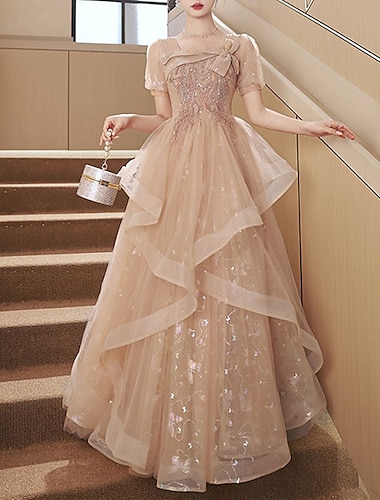  vestidos de fiesta de corte a, elegantes, para invitados de boda, para graduación, hasta el suelo, manga corta, escote cuadrado, tul con lazo(s), lentejuelas, vestido de mascarada, vestido para