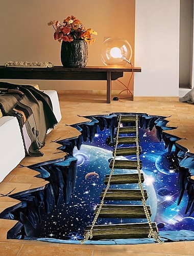  ملصقات حائط ثلاثية الأبعاد ثلاثية الأبعاد على شكل كوكب الكون ، ملصقات أرضية على شكل جسر خشبي واحد ، زينة أرضية لخلفية المنزل