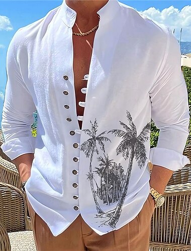 Homens Coqueiro Plantas Tropicais Camisa Social Camisa havaiana Camiseta Aloha Manga Longa Camisa Colarinho Chinês Moda Designer Casual Ao ar livre Férias Rua Branco Azul Verde S M L   Homens Coqueiro Plantas Tropicais Camisa Social Camisa havaiana Camiseta Aloha Manga Longa Camisa Colarinho Chinês Moda Designer Casual Ao ar livre Férias Rua Branco Azul Verde S M L