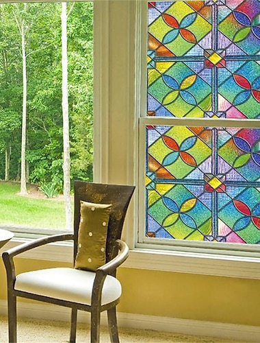  Buntglasfensterfolie, statisch haftende Sichtschutzfolie für Fenster, dekorative UV-Sonnenschutzfolie, nicht klebende Glasfensterabdeckung für das Badezimmer zu Hause