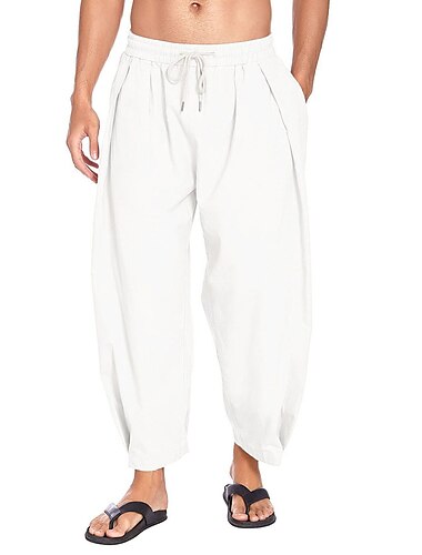  Voor heren Linnen broek Zomerbroek Wijde broek Harembroek Boho-broek Elastische taille Effen Kleur Comfort Ademend Casual Dagelijks Strand Hippie Yoga Zwart Wit Micro-elastisch