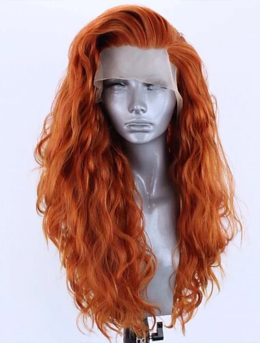  Long Glueless Synthetic Lace Front Wig Orange Long Wavy Side Part Lace Wigs Synthetic Hair Wig for Women Wig