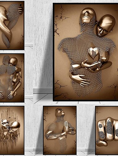  personnes abstraites mur art toile amour couples imprime peinture oeuvre image baisers câlin amour bronze paillettes décoration de la maison décor toile roulée pas de cadre sans cadre non étiré