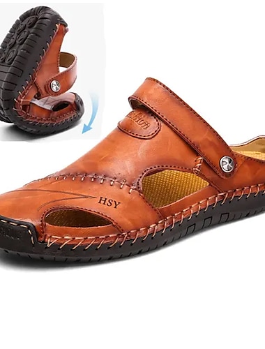  Bărbați Sandale Sandale din piele Mărime Plus Size Pantofi lucrați manual Pantofi de confort Plimbare Casual Plajă Piele Respirabil Loafer Buclă Maro Închis Negru Maro Vară Primăvară